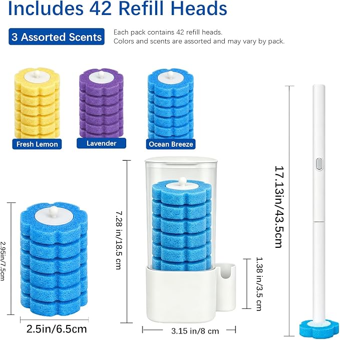 Disposable Toilet Brush with 42 Refills, Toilet Bowl Cleaner Brush with Holder, Wall Mounted Toilet Wand Kit, Random Color Refill Heads in Blue, Yellow or Purple