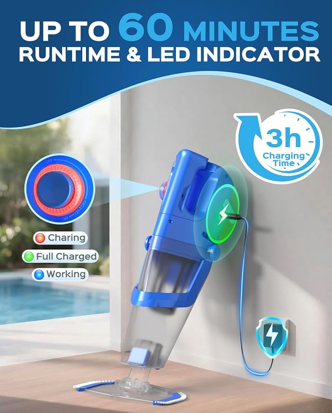 Cordless Handheld Pool Vacuum Cleaner with Telescopic Pole, 26.5 GPM Powerful Suction, Longer 1H Runtime, Portable Pool Vacuums for Above Ground/Inground Pools, Hot Tubs, Spas, Blue