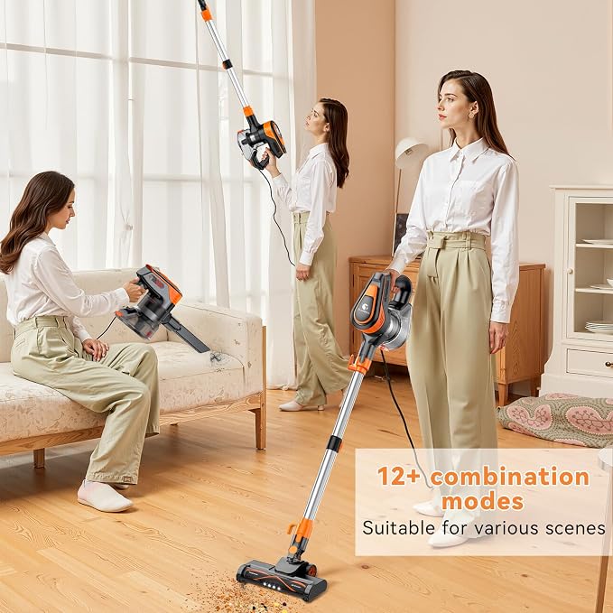 TC-JUNESUN 23Ft Corded Vacuum Cleaner, 600W Powerful Self-Standing Stick Vacuum for Home with 20Kpa Suction, 2 Speeds Lightweight Household Vacuum Cleaner for Carpet,Hardwood Floors and Pet Hair