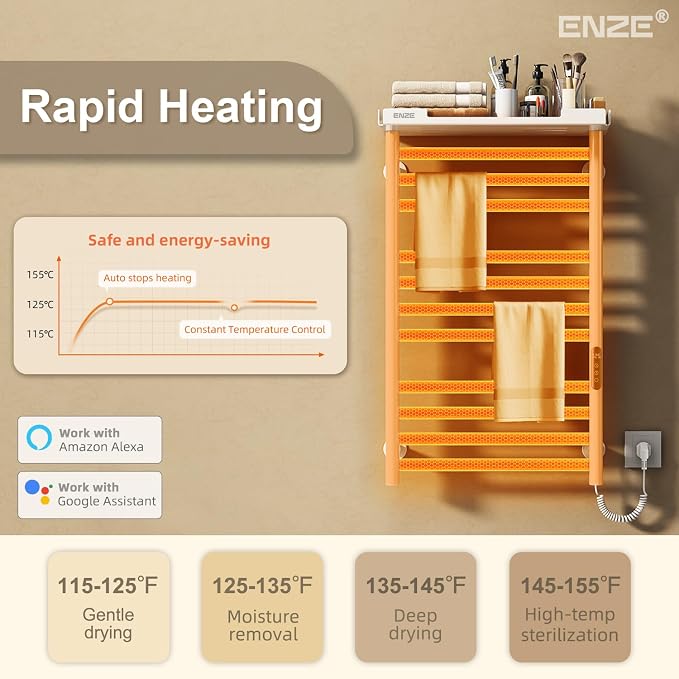 ENZE Smart Heated Towel Rack, 11-Bar Wall-Mounted Electric Towel Warmer with Shelf, Wi-Fi App Control, Adjustable Temperature & 24H Timer, Low Carbon Steel, IPX5, Plug-in/Hardwired, White