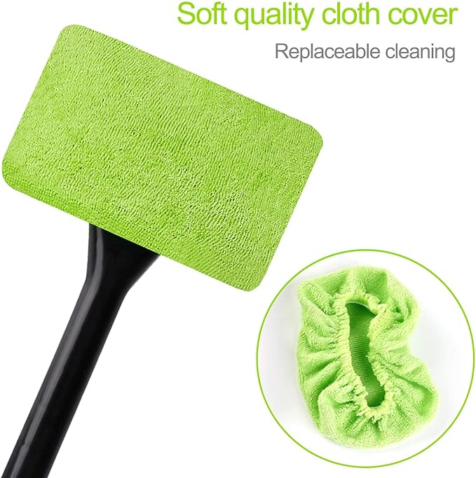 XINDELL Car Window Cleaning Combo – Windshield Glass Cleaner Tool with Extendable Handle & 14 Reusable Microfiber Pads for Interior/Exterior Glass, Streak-Free Auto Window Cleaning for Car Owners