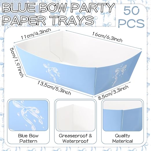 Geosar 100 Pcs Coquette Bow Paper Food Trays Bulk Bow Party Supplies Birthday Decor Disposable Food Boat Trays with Wax Paper Sheet Wrapping for Wedding Bridal Party Supplies(Blue)