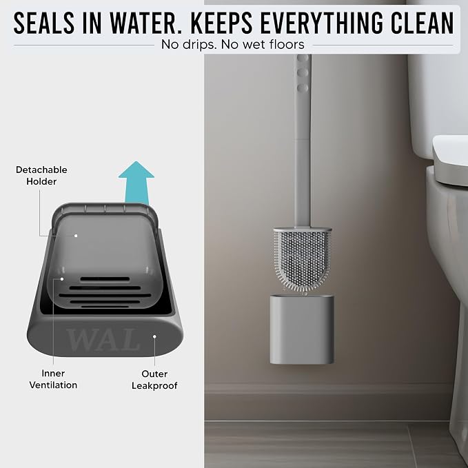 Modern Minimalist Silicone Grey Toilet Brush and Holder Set – Pack of 1 Wall Mounted Toilet Bowl Brush – Long Non-Slip Handle, Flexible Bristles for Self-Cleaning & Splash-Free, Easy-Rinse Design