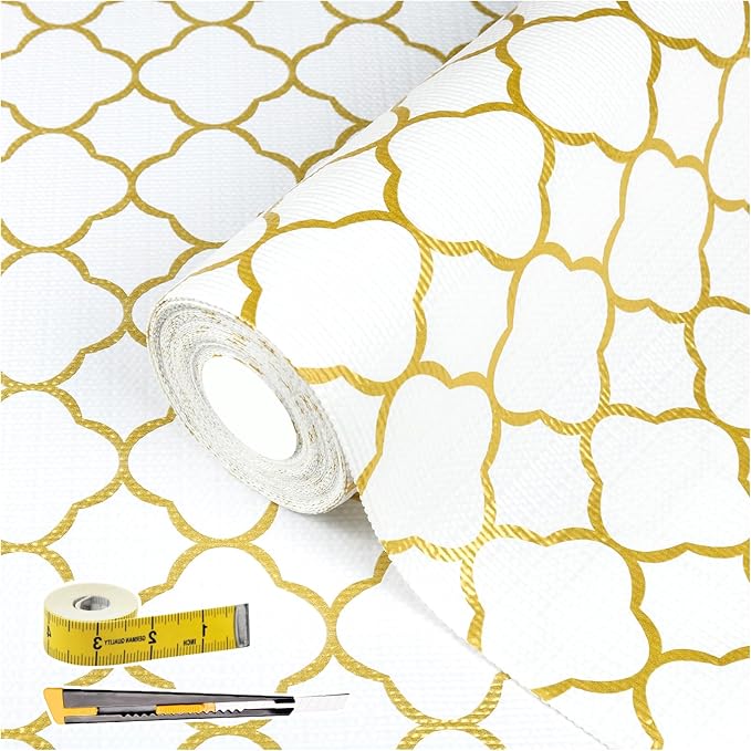 Shelf Drawer Liners for Kitchen Cabinets Non Adhesive Drawer Liner Thickened Refrigerator Liner Gold Quatrefoil Strong Non-Slip Paper for Tool Box with Knife and Tape Measure,11.8 x 354.3 Inches