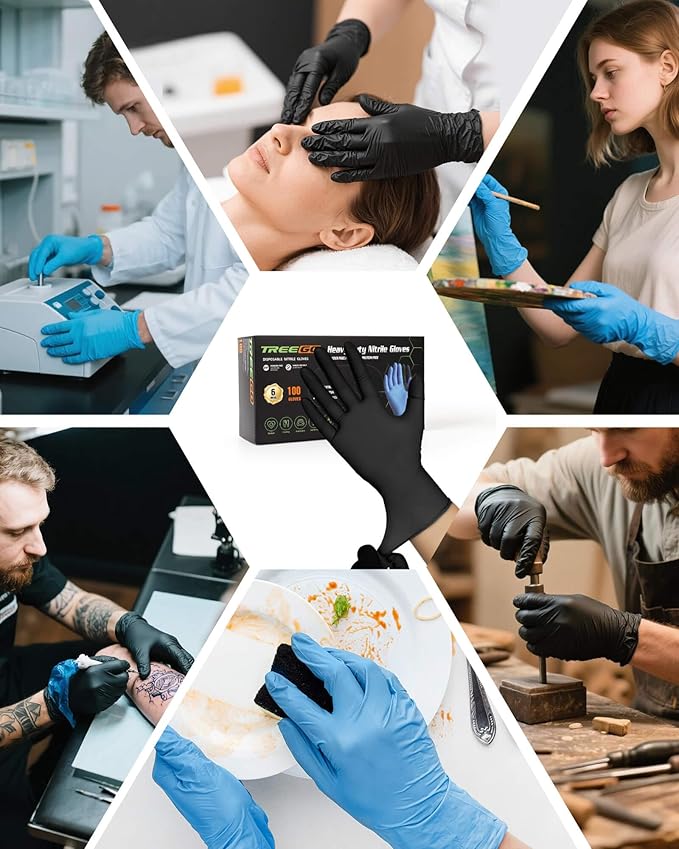 TREEGO Black Nitrile Gloves 6 Mil Medium, Disposable Latex-Free Gloves for Heavy-Duty Use — Textured Grip Mechanic & Cleaning Gloves, 50 Count