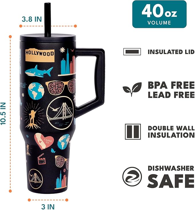 Elemental 40 oz Tumbler with Handle and Straw - Spill Proof Insulated Stainless Steel Commuter for Cold Beverages - Travel Coffee Mug with 2 Straws & Spill Proof Lid - 40oz-California Dreaming