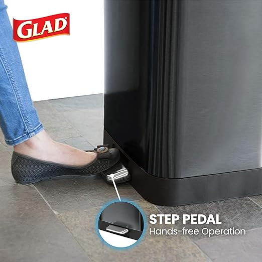 Glad 13 Gallon Stainless Steel Trash Can with Clorox Odor Protection | Large Metal Kitchen Garbage Bin with Soft Close Lid, Garbage Bag Rings, Step On Foot Pedal and Waste Bag Roll Holder, Pewter