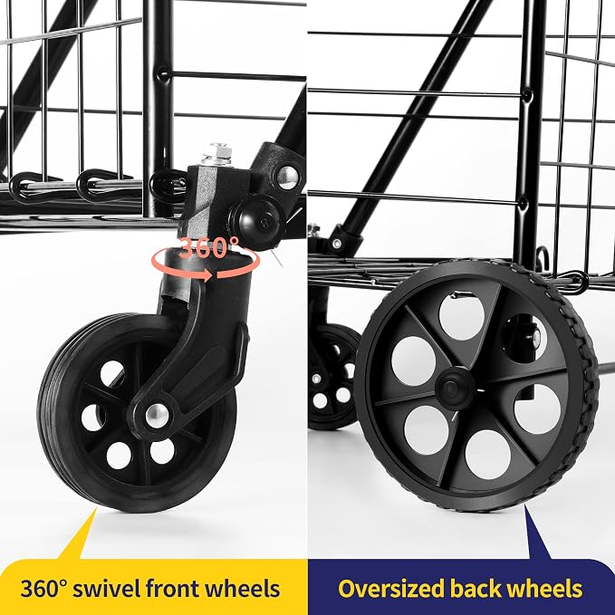 BIEAMA Folding Shopping Cart, 200 Lb Capacity Grocery Cart, Medium Size | Heavy Duty Utility Cart with 360 Rolling Swivel Wheels, Extra Basket