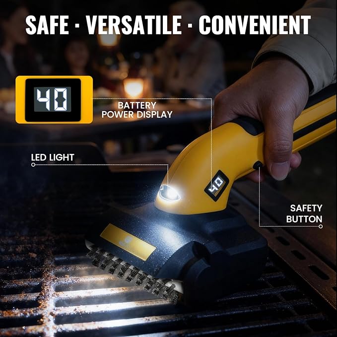 Electric Grill Brush, Grill Cleaner with LED Light & Battery Power Display, 350 RPM Shed-Free Steel Bristles, Removable Brush Head, Cordless & Type-C Rechargeable Grill Scraper for Outdoor BBQ