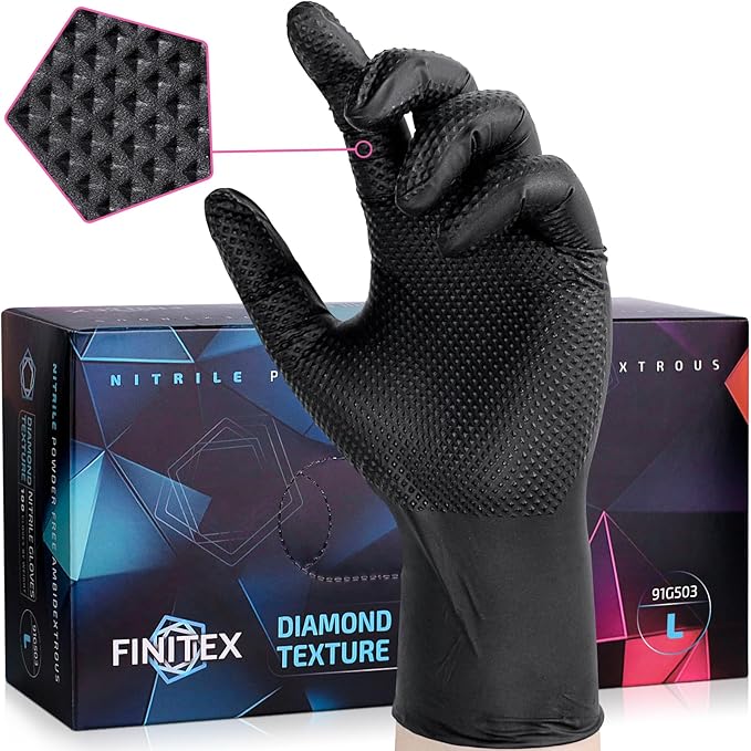 FINITEX Industrial Diamond Texture Nitrile Black Glove - 100/1000PCS Chemical Resistant 6.3mil Mechanic Disposable Gloves
