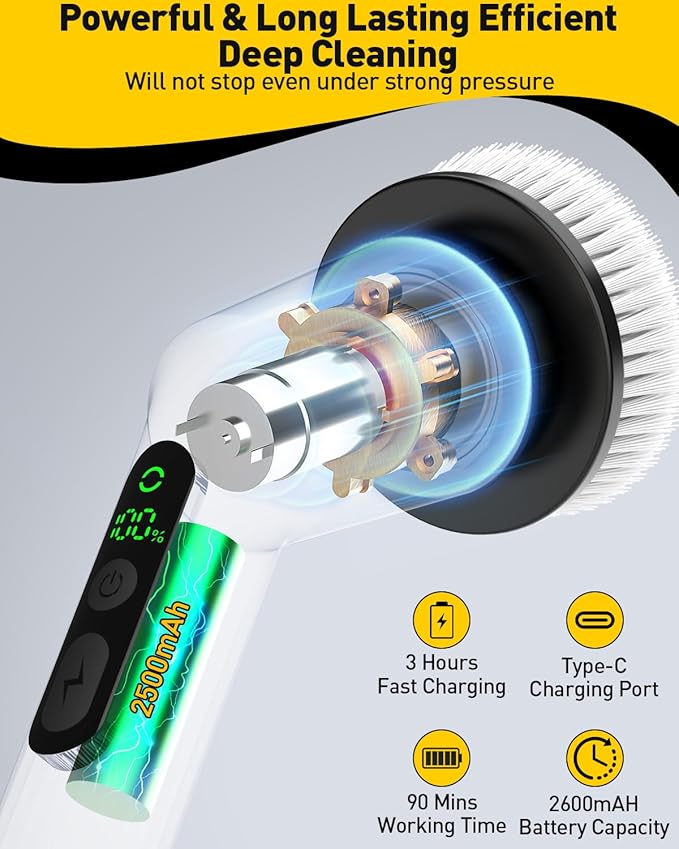 Shower Scrubber with Long Handle, Shower Cleaner Brush with 8 Brush Heads, Cordless Electric Spin Scrubber for Cleaning with 2 Speed, Cleaning Supplies for Bathroom Bathtub Kitchen Floor Tile Toilet