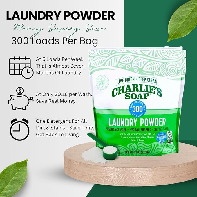 Charlie’s Soap Laundry Essentials Variety Pack – Oxygen Bleach (4 lb) + Laundry Powder Detergent (300 Loads) – Natural Laundry Booster for Stains, Odors & Bright Whites – Fragrance Free,