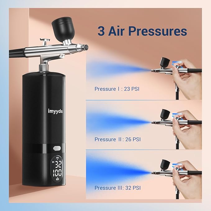 imyyds Airbrush Kit with Compressor, 32 PSI Cordless Air Brush Kit with Air Compressor, LED Display Single-action Airbrush Compressor,Pressure Adjustable Portable Airbrush Kit for Nails,Painting,Model