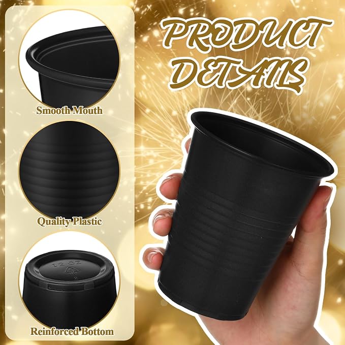 Funnymoom 100 Pcs Black and Gold Plastic Cups, 12 oz Disposable Party Cups for Graduation, Ceremony, Wedding Reception, Birthday Party Supplies