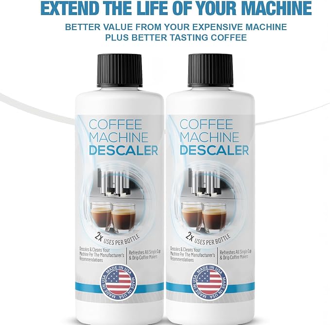 Descaling Solution for Coffee & Espresso Machines - 2 Bottle Pack (4 Uses) - Universally Compatible Descaler Cleaner for Keurig, Breville, Nespresso, Delonghi & All Single Use or Drip Machines