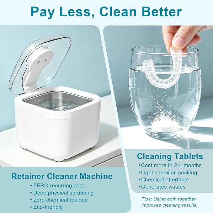 Ultrasonic Retainer Cleaner Machine for Dentures, 350ml Denture Cleaner with Wide Opening Tank for Clear Aligners, Mouth Guards & Dental Appliances, Removes Stains & Buildup, 5 Cleaning Modes