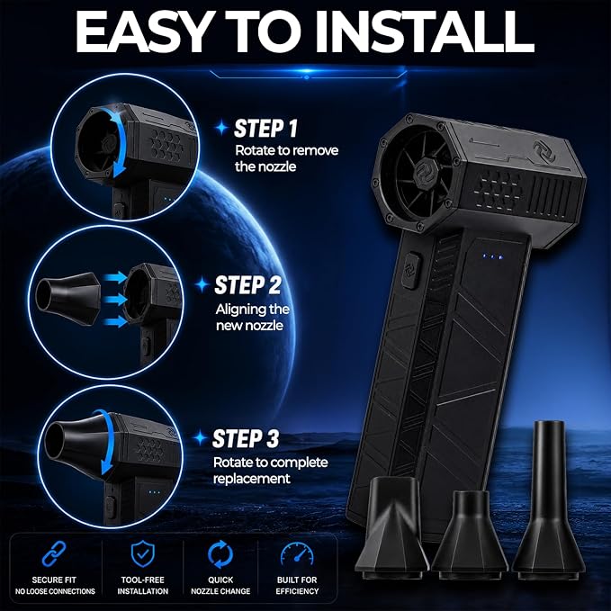 Electric Compressed Air Duster for Computers - 130,000 RPM High-Speed PC Cleaner - Portable Rechargeable Air Blower for Electronics, Keyboards, and Car Detailing - Includes 4 Nozzles