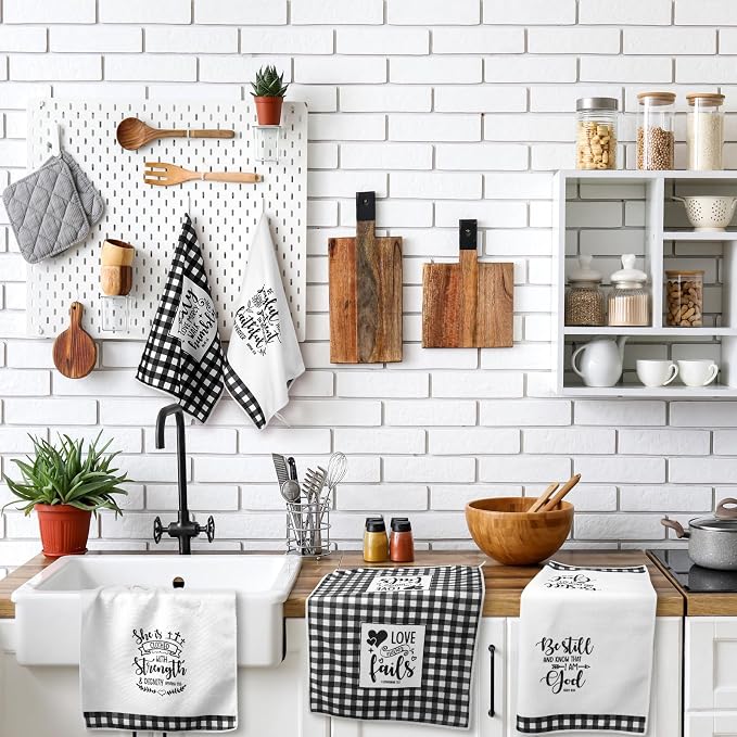Hahafelt 8 Pcs Bible Verse Kitchen Towels Religious Christian Mother's Day Kitchen Gifts Black and White Check Dish Tea Towels Scripture Dishcloths for Women Men Bathroom Home Housewarming