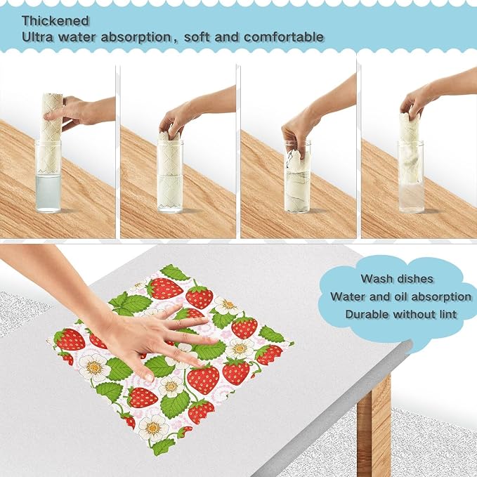 JIPONI 6 Pack Kitchen Dishcloth, Strawberry Daisy Absorbent Dish Towels Reusable Soft Cleaning Cloths 11 x 11 inch
