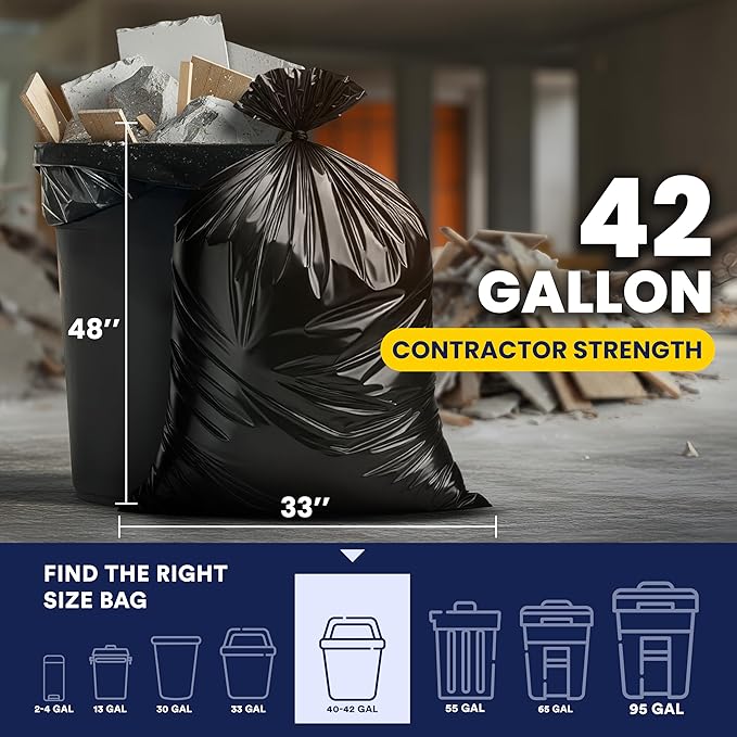 Plasticplace Contractor Trash Bags 42 Gallon │ 6.0 Mil │ Black Heavy Duty Garbage Bag │ 33” x 48” (25 Count)