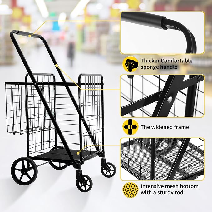 BIEAMA Folding Shopping Cart, 450 Lb Capacity Grocery Cart, Extra Large | Heavy Duty Utility Cart with 360 Rolling Swivel Wheels, Extra Basket