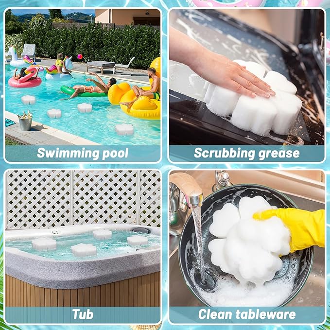 AceOrbit 4 Pack Large Size Hot Tub Sponge Bulk 8.3'' x 8'' x 2.8'' Pool Sponge Oil Absorber for Hot Tub, Spa & Pool, Cute Floating Filter for Soak up Oil & Grime Cleaning Accessories(Hibiscus)