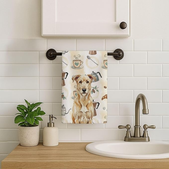 Caroline's Treasures Wheaten Irish Wolfhound Coffee Bar Kitchen Towel Velour Plush Front and Cotton Loop Back Machine Washable