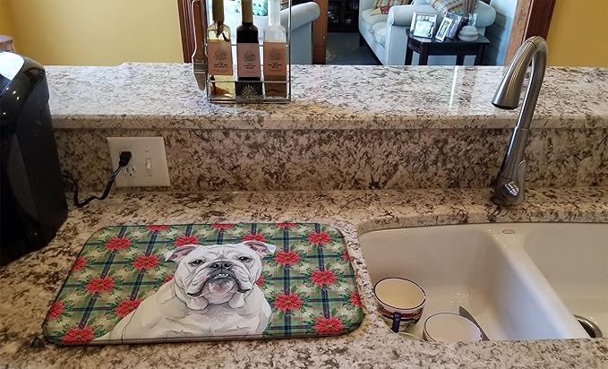 Caroline's Treasures White English Bulldog Christmas PoinsettIas Dish Drying Mat Absorbent Dish Drying Mat Pad for Kitchen Counter Dish Drainer Mat for Countertop, 14 x 21", Multicolor