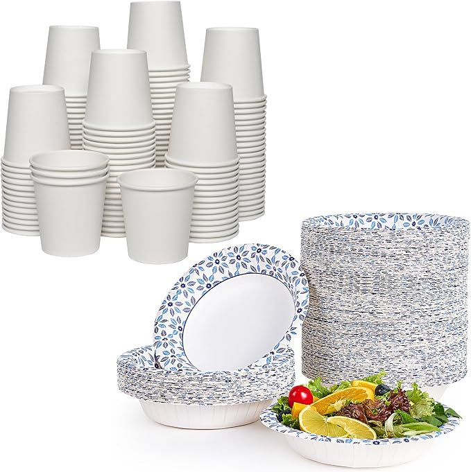 JOLLY CHEF Disposable Coffee Cups and Bowls, Printed Paper Bowls 20oz 160 Count, 4 oz Small Paper Cups 300 Pack for Bathroom,Mouthwash and Daily Use
