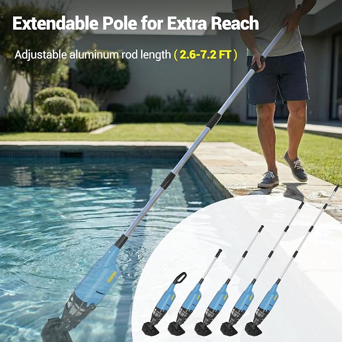 Handheld Pool Vacuum for Above Ground Pool, 4-Section Detachable Pole, 18 GPM Powerful Suction, 60 mins Runtime, 120μm Fine Filter, Cordless Pool Cleaner for Leaves, Sand and Debris, Blue