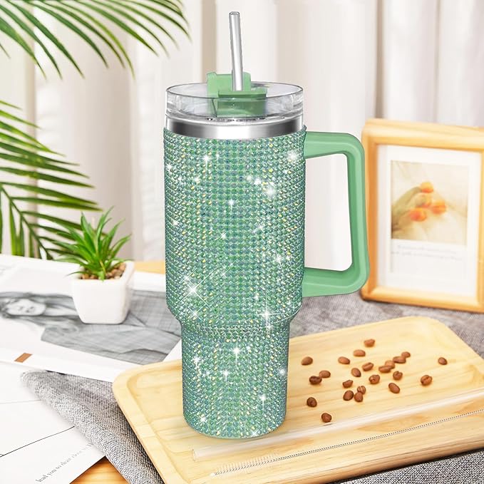 HWISDMIG 40oz Tumbler with Handle-Glitter Rhinestones Tumbler Bling Cups Stainless Steel Water Bottle Diamond Studded Tumbler for Women-Birthday Gifts for Women, Mom, Girlfriend (Dark Green)