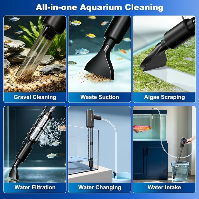 Cordless Gravel Vacuum Aquarium Cleaner,6-in-1 Automatic Fish Tank Cleaning Tools 2600mah Rechargeable Fish Tank Vacuum for 5-10 Gallon Small Tanks Change Water Wash Sand(10w)