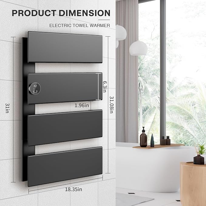 K&KALONZO Electric Towel Warmer, 18.35" W x 31" H Wall-Mounted Towel Heater with Built-in Timer, Waterproof Aluminum Towel Warmer for Bathroom, Support Plug-in and Hardwired, Black, K4-L-B