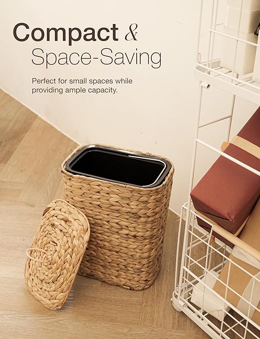 Tidita 3 GALLONS Wicker Waste Basket - Wicker Trash Can with Lid - Water Hyacinth Bathroom Garbage Can with a Lid - Bathroom Trash Can Boho Style - Removable Liner, Iron Frame (Natural, 3 Gallons)