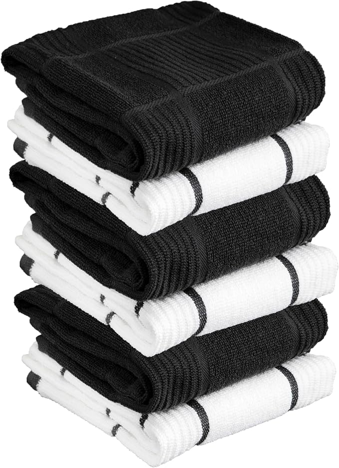 T-Fal Solid & Checked Parquet Kitchen Towels: Highly Absorbent, Super Soft Long Lasting - 100% Cotton, 16"x26" Dish Towels for Cleaning & Drying Dishes, Pans, Glassware, Countertops, 6-Pack, Charcoal