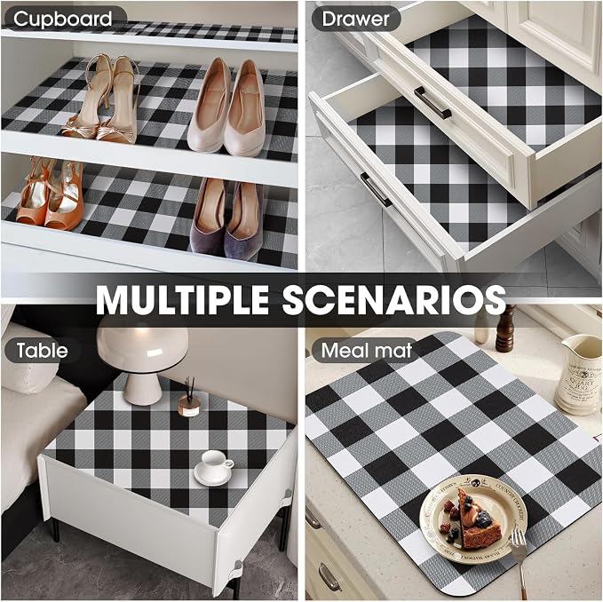 Drawer and Shelf Liner, Non-Slip Kitchen Cabinet Liners Non-Adhesive Thick Strong Grip Waterproof Washable Mats Protect Dresser Shelves Cupboard Bathroom Cabinets, Buffalo Plaid, 12 in X 10 FT