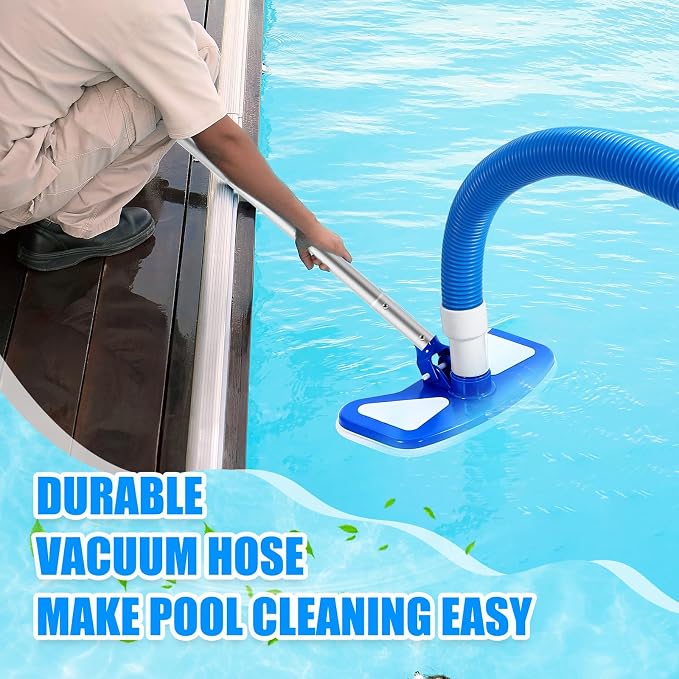 3 Pcs Pool Vacuum Kits Include 11.8" Vacuum Head with 47" Adjustable Pole with 1-1/2" x 18ft Long Hoses Flexible Head with Wheels for Above Ground Inground Pond Spa Hot Tub