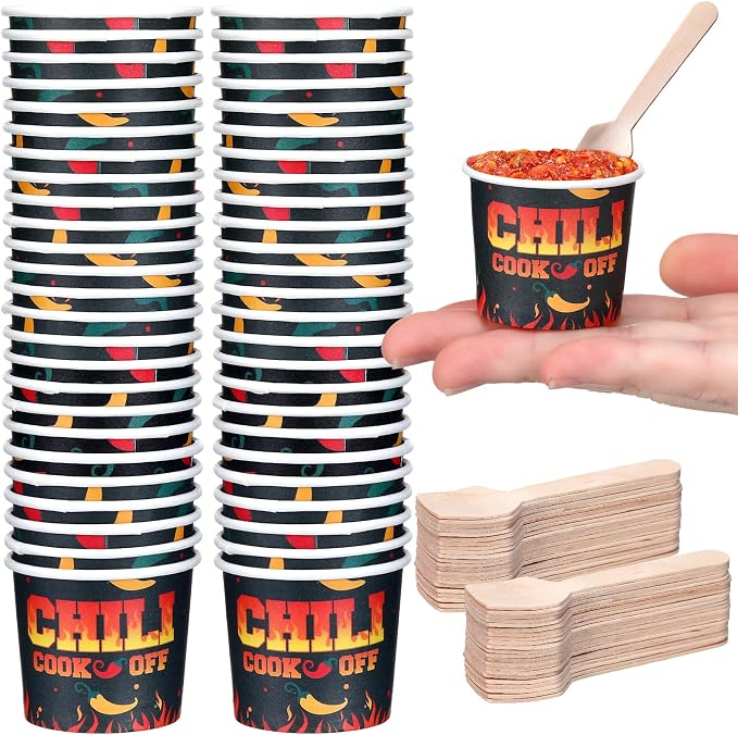 Teenyyou 100 Pcs Chili Cook off Party Decorations, 50 Pcs 2 oz Mini Chili Cook off Tasting Cups Disposable Sample Paper Cups and 50 Wooden Spoons for Competition Prizes Party Cooking Supplies(Black)
