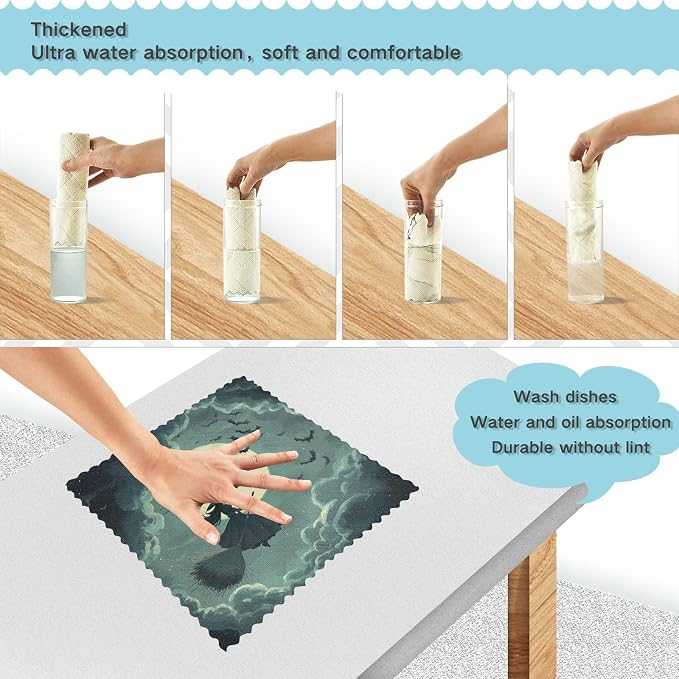 Halloween Witch Bats and Moonlight Kitchen Towels Dish Cloths Set of 6 Microfiber Cleaning Cloths for Cars Super Absorbent Machine