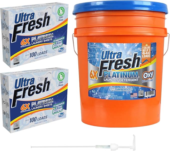 Ultra Fresh 6X Platinum Laundry Detergent, Up to 640 Loads, Bleach Alt, 5 Gallon Bundled with 2 Pack Laundry Detergent Sheets, Fragrance and Dye Free