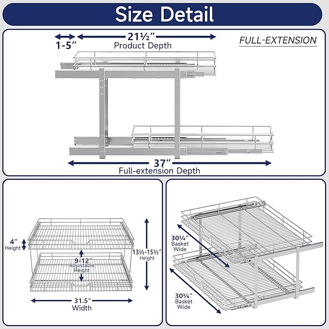 2-Tier Pull Out Cabinet Organizer, 31.5" W x 21.5" D, Heavy Duty Dual Slide Out Shelves for Wide Base Cabinets, Chrome Wire Basket Drawer for Pots, Pans, Pantry & Cleaning Supplies