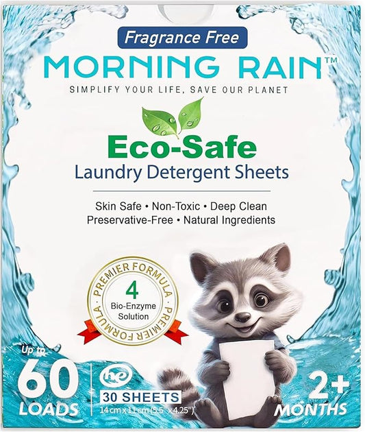 MorningRain Eco Laundry Detergent Sheets - Ingredients from Finland, Unscented, Bio-Enzyme Formula, Power Clean, 30 Sheets (Up to 60 Loads) - Non-Toxic, Preservative-Free, Skin Safe, Designed in USA