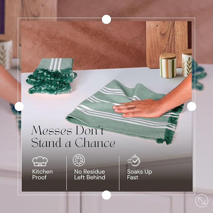 Monochrome Stripe Kitchen Towels 3 Pack, 16x26 Inch, 100% Cotton, Super Absorbent & Quick Dry, Durable, Fringed Dish Towel for Drying Dishes, Washable, Everyday Use, Forest Green