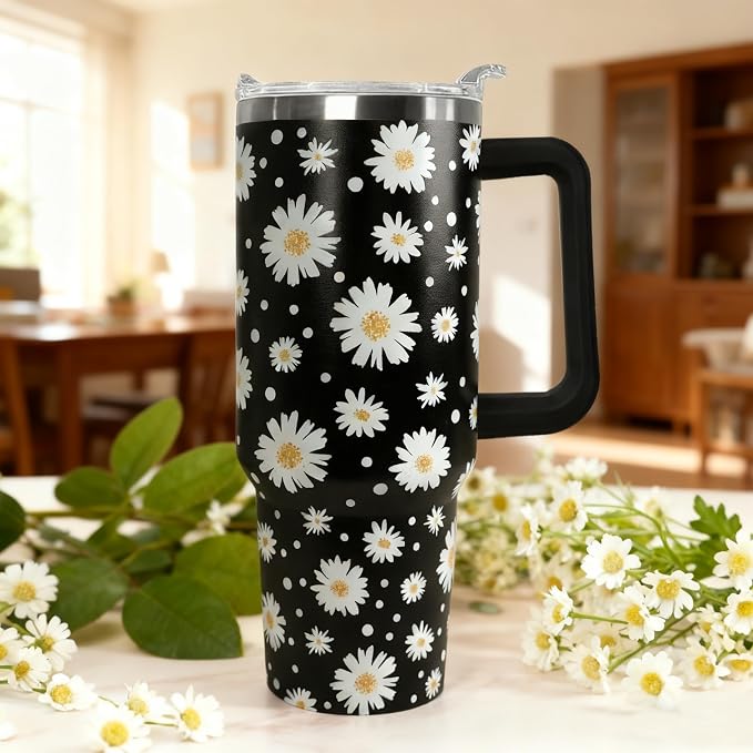 Ceovfoi 40 Oz Daisy Tumbler With Handle,Daisy Coffee Travel Mug Cup Water Bottle,Daisy Decor,Daisy Gifts for Women
