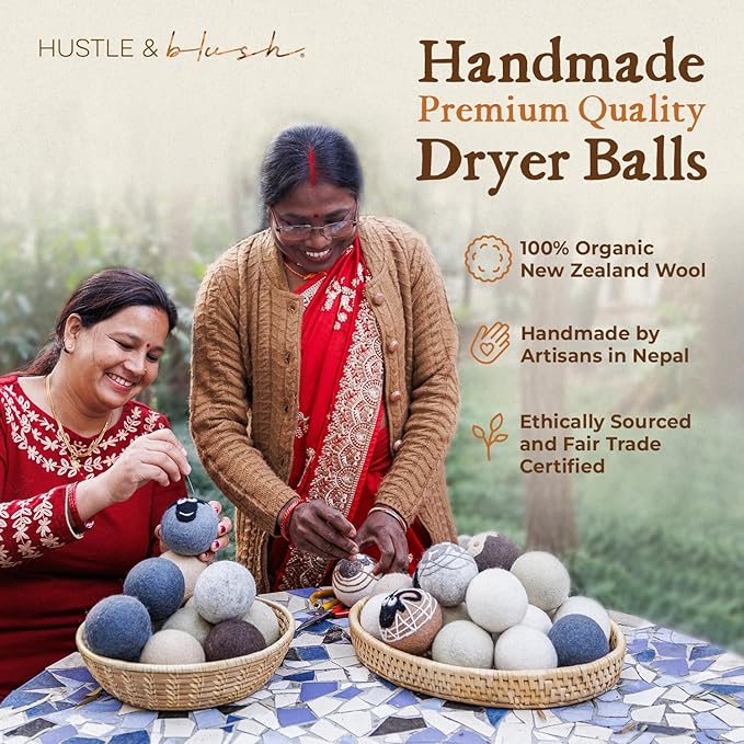 Hustle & Blush Fluff Ewes Wool Dryer Balls 6 Pack - Extra Large Hedgehog and Homies Premium Hand Needled New Zealand Laundry Set, Reduces Drying Time, Static Control, Chemical Free Reusable