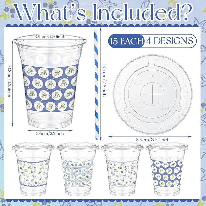 FoldTier 60 Pcs Coastal Cottage Blue Floral Cups with Lids and Straws, 12 oz Disposable Plastic Beach Party Cups for Ocean Summer Party Favor, Bridal Shower, Baby Shower, Bacheloretteparty Decoration
