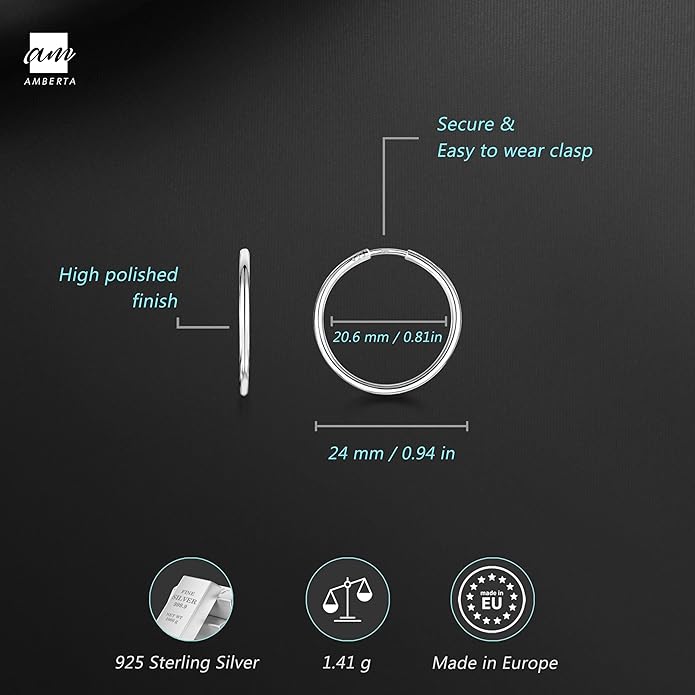 Amberta® 925 Sterling Silver Fine Circle Endless Hoops - Polished Round Sleeper Earrings Diameter Size: 20 30 40 60 75 mm