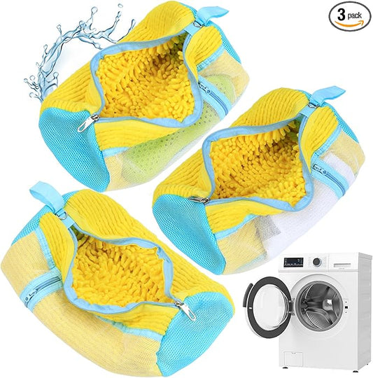 Shoe Washing Machine Bag, 3 Pack Shoe Cleaning Bag for Washer and Dryer, 360° Deep Cleaning Reusable Shoes Laundry Bags for Sneakers with Zipper Protection and Side Mesh Pouch, Yellow