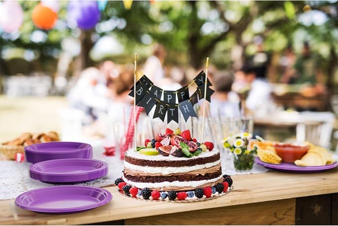Exquisite Party Solids Purple Plastic Plates For Party Supplies, Purple Disposable Plates 100 Pieces - 50-7" & 50-9" Heavy Duty 350 GSM Disposable Dinnerware Sets, Plastic Dinnerware Sets