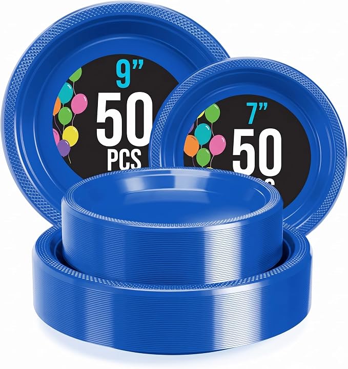 Party Solids Dark Blue Plastic Plates For Party Supplies, Dark Blue Disposable Plates 100 Pieces - 50-7" & 50-9" Heavy Duty 350 GSM Disposable Dinnerware Sets, Plastic Dinnerware Sets